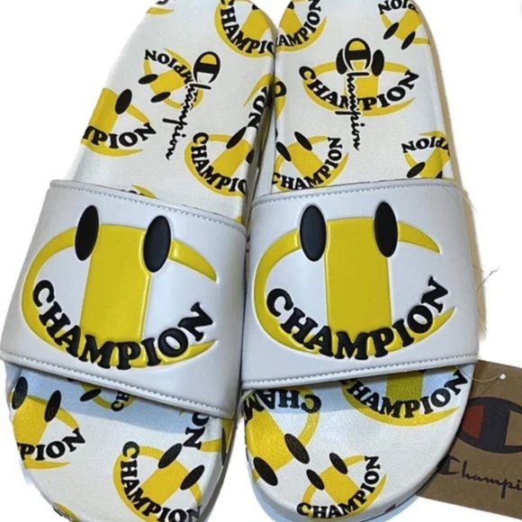 Champion Slides Shoes Mens Size 12 White Yellow‎ Happy Face Summer Sandals NEW main image 5